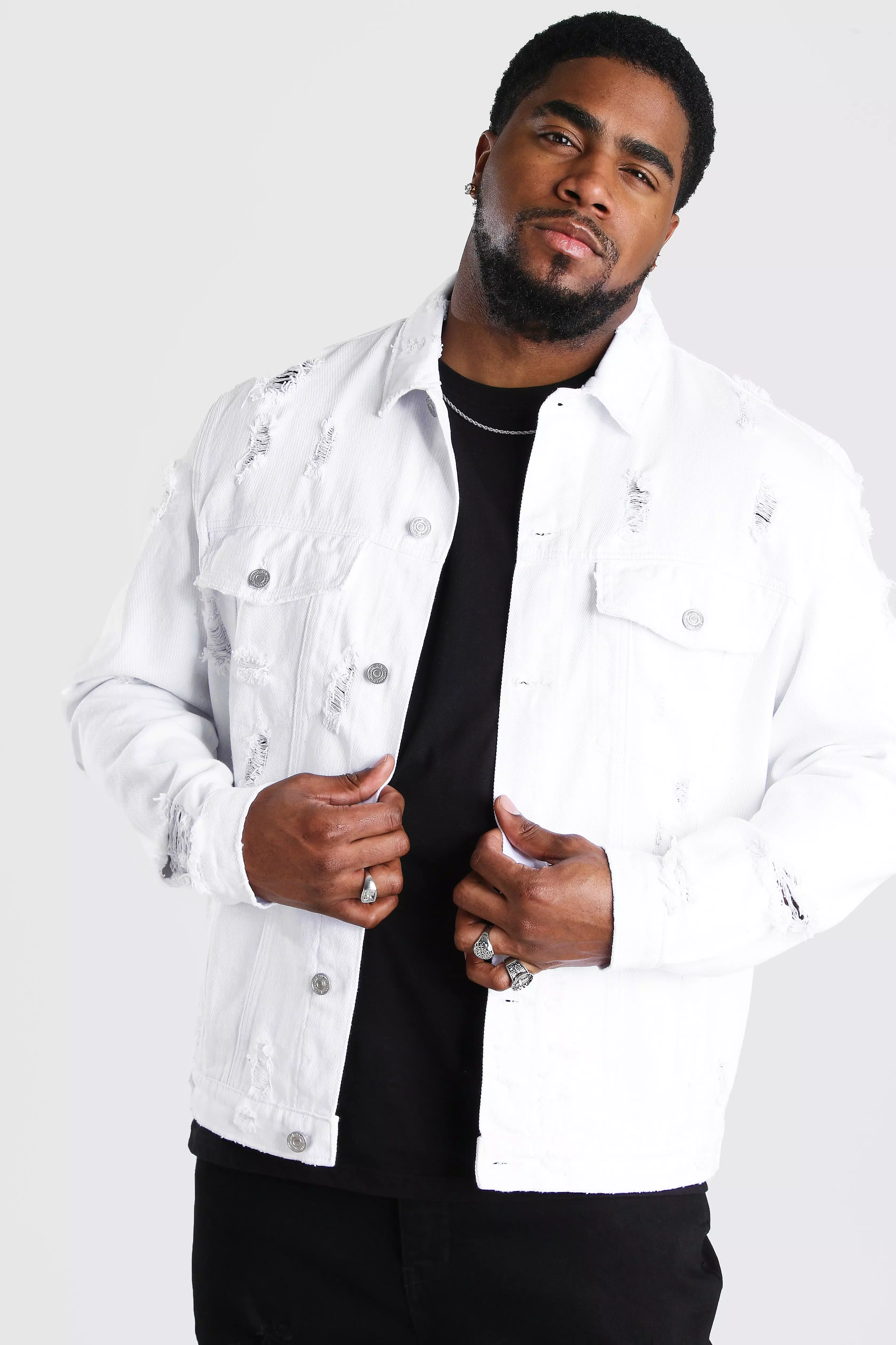 Plus Size Distressed Denim Jacket boohooMAN