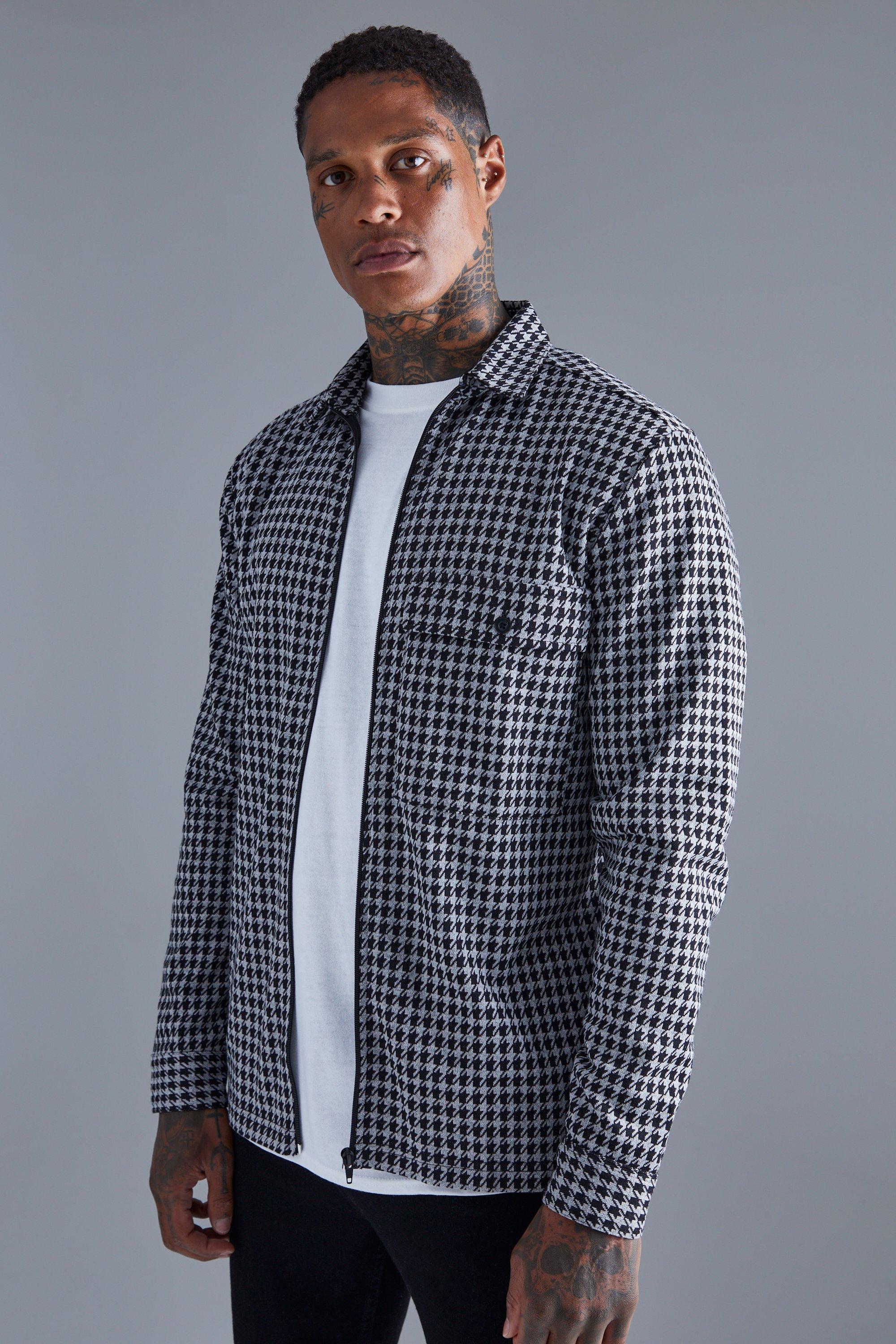 Dogtooth Jacquard Zip Through Shirt Jacket | BoohooMAN