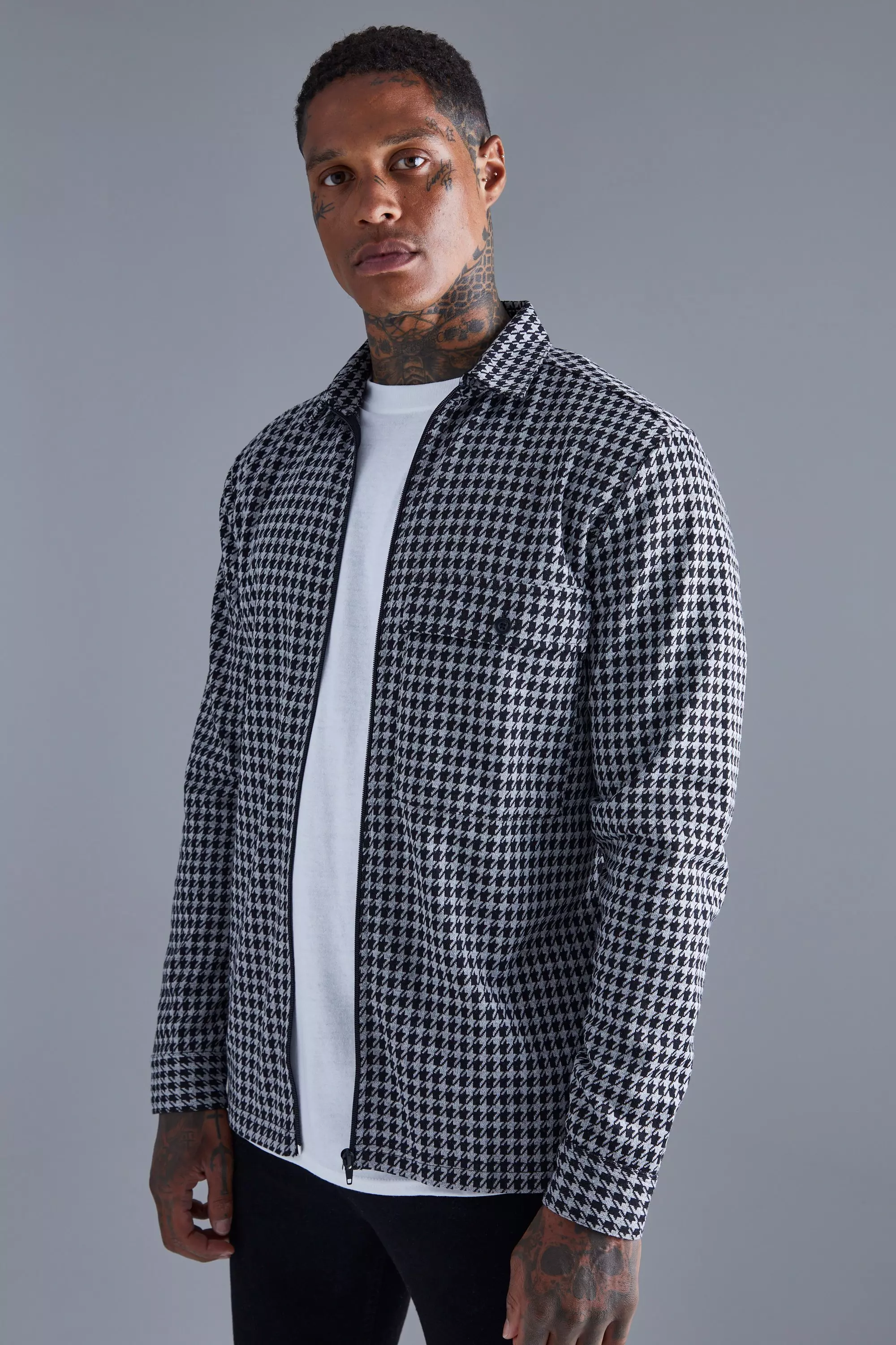 Houtskool Jacquard Dogtooth Overhemd Met Rits alternatieve afbeelding