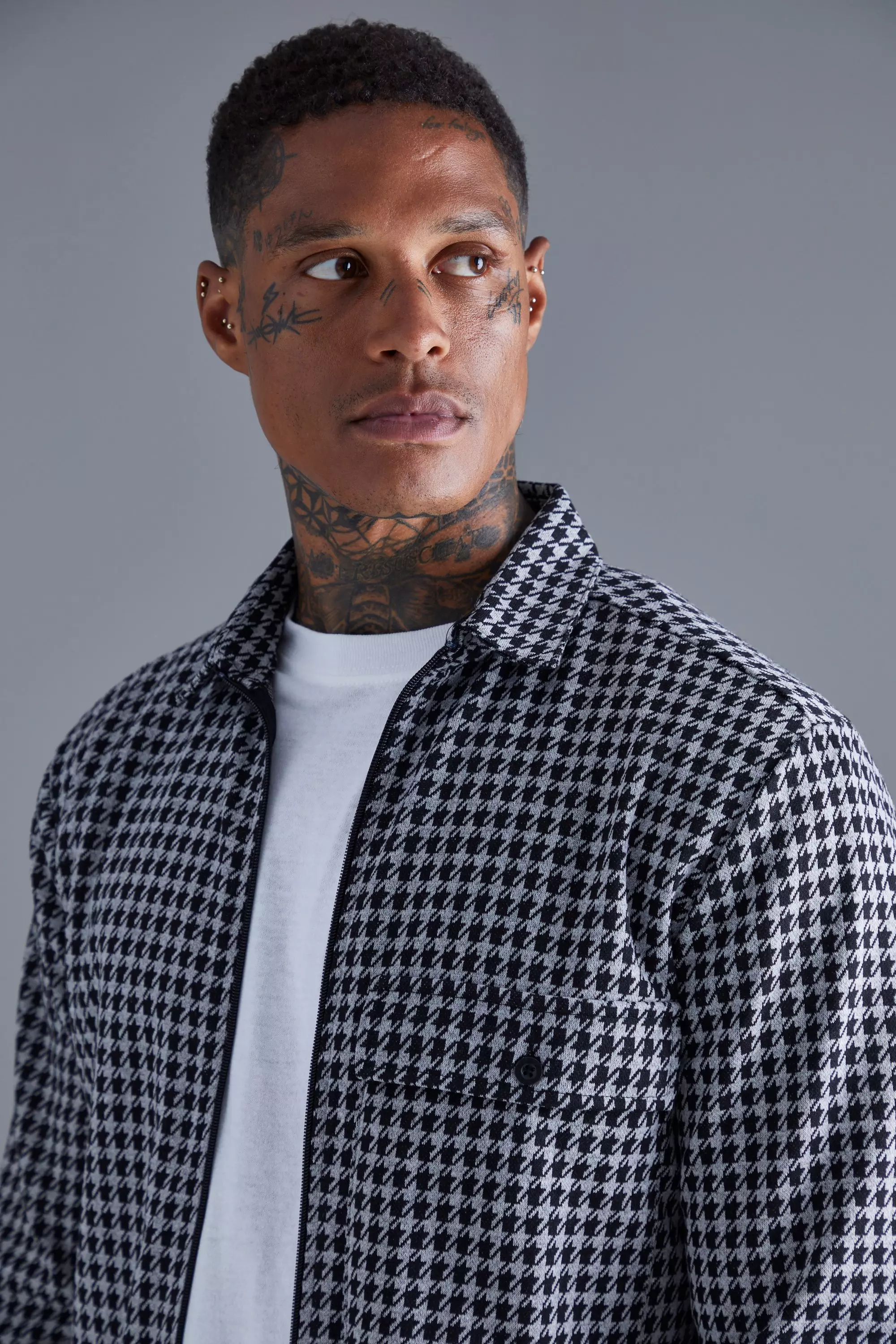 Houtskool Jacquard Dogtooth Overhemd Met Rits alternatieve afbeelding