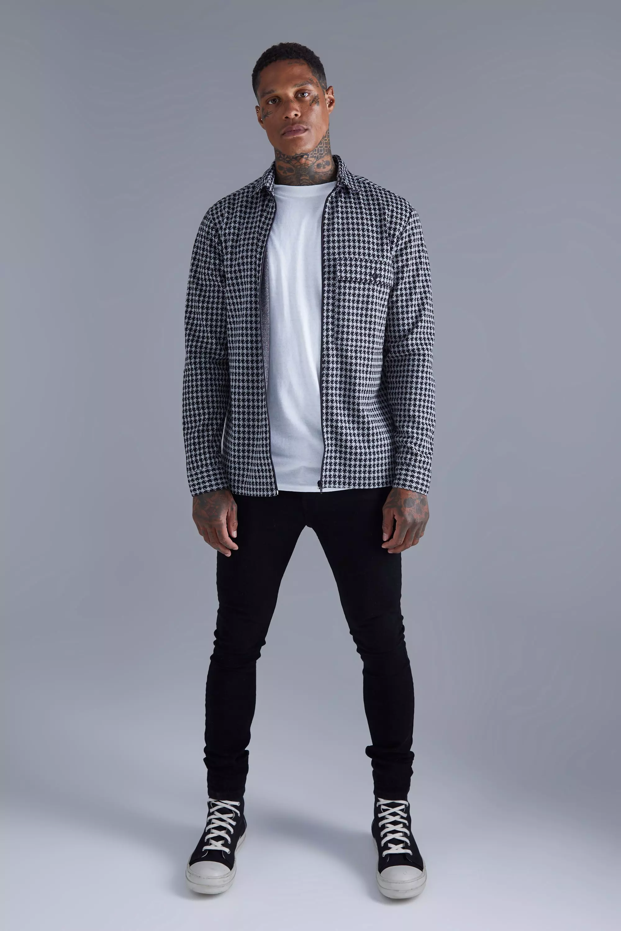 Houtskool Jacquard Dogtooth Overhemd Met Rits alternatieve afbeelding