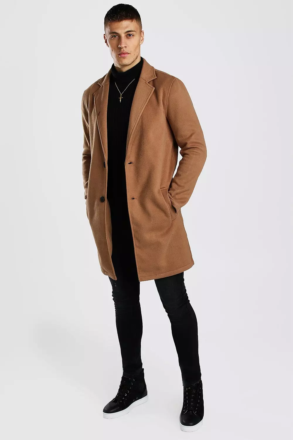 Boohooman overcoat in camel hot sale