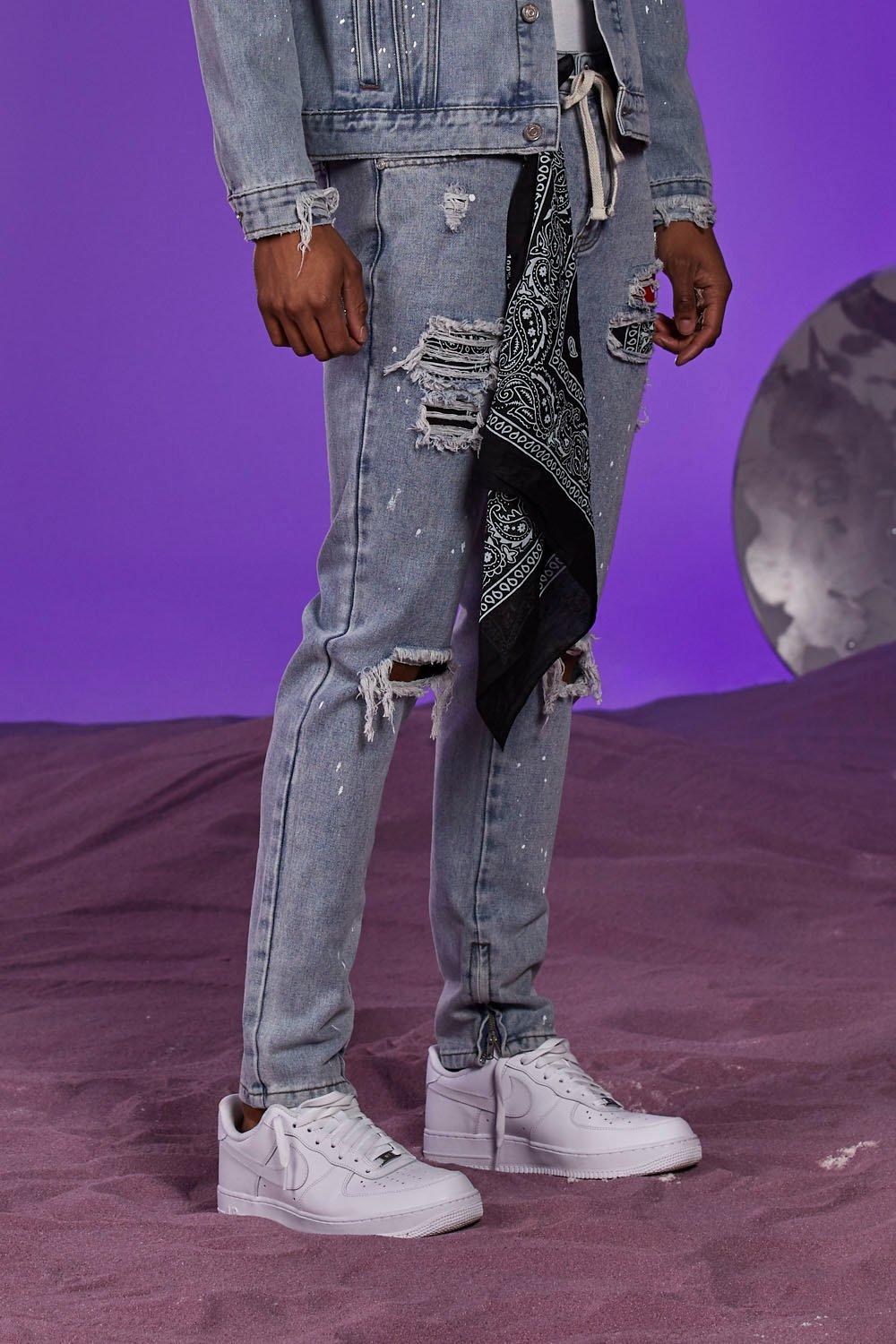 boohooman paint splatter jeans