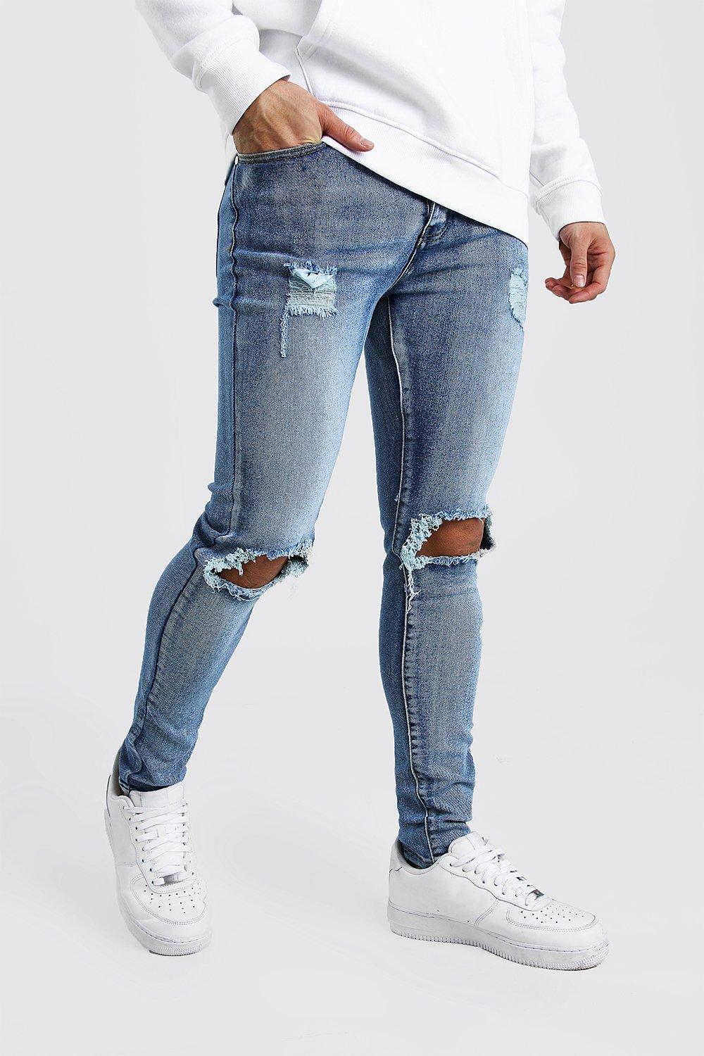 Super Skinny Bleached Jeans With Busted Knees | boohooMAN UK