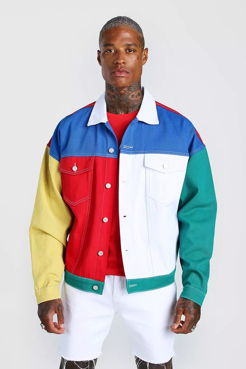 Boxy Drop Shoulder Colour Block Denim Jacket boohooMAN UK