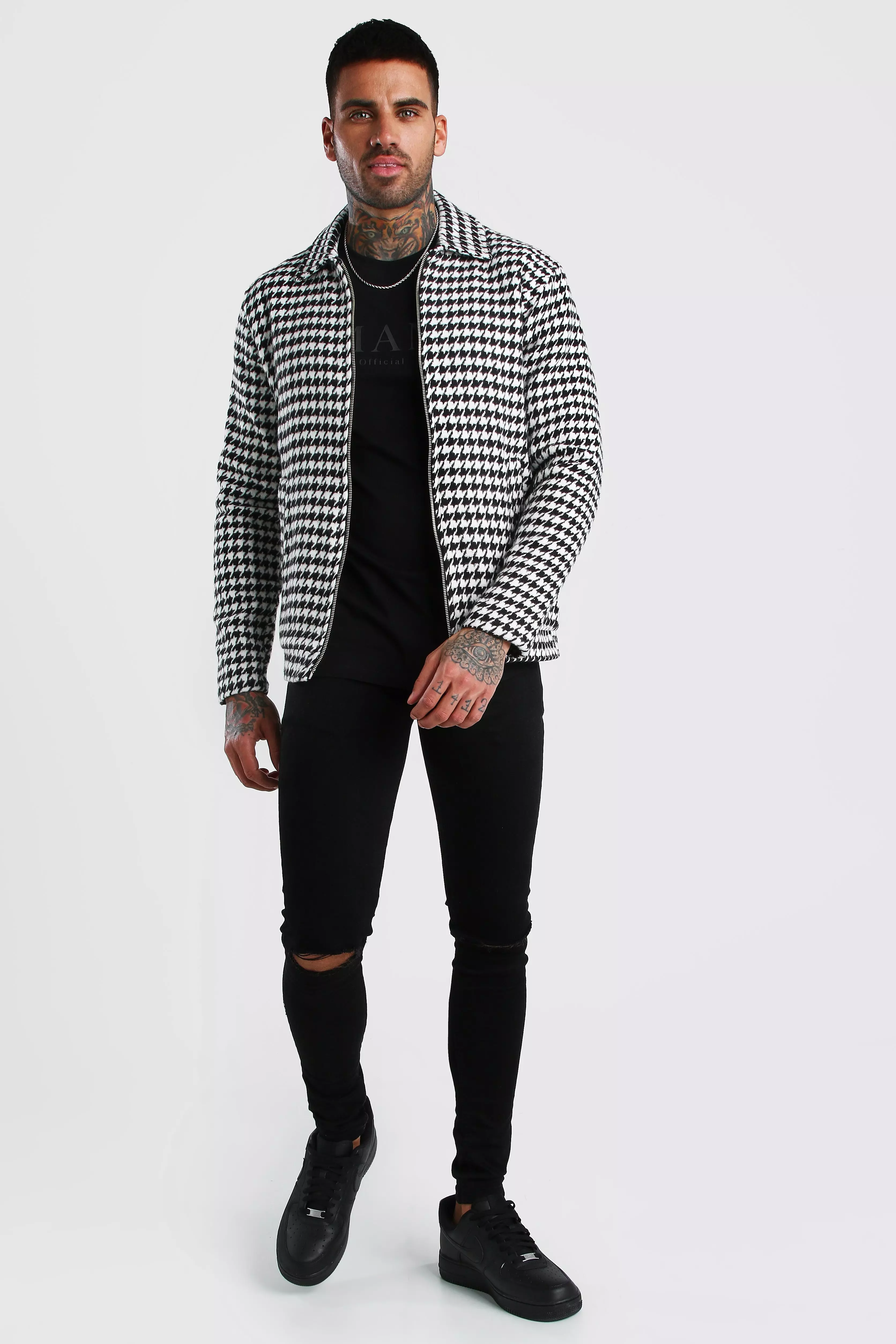 Houndstooth Zip Through Harrington Jacket | boohooMAN USA