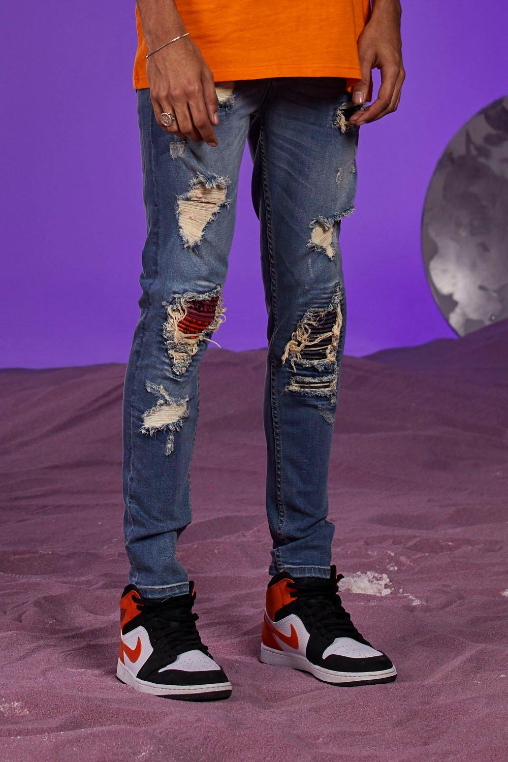 Trending Apparel New Men Ripped Blue Jeans with Bandana Print 