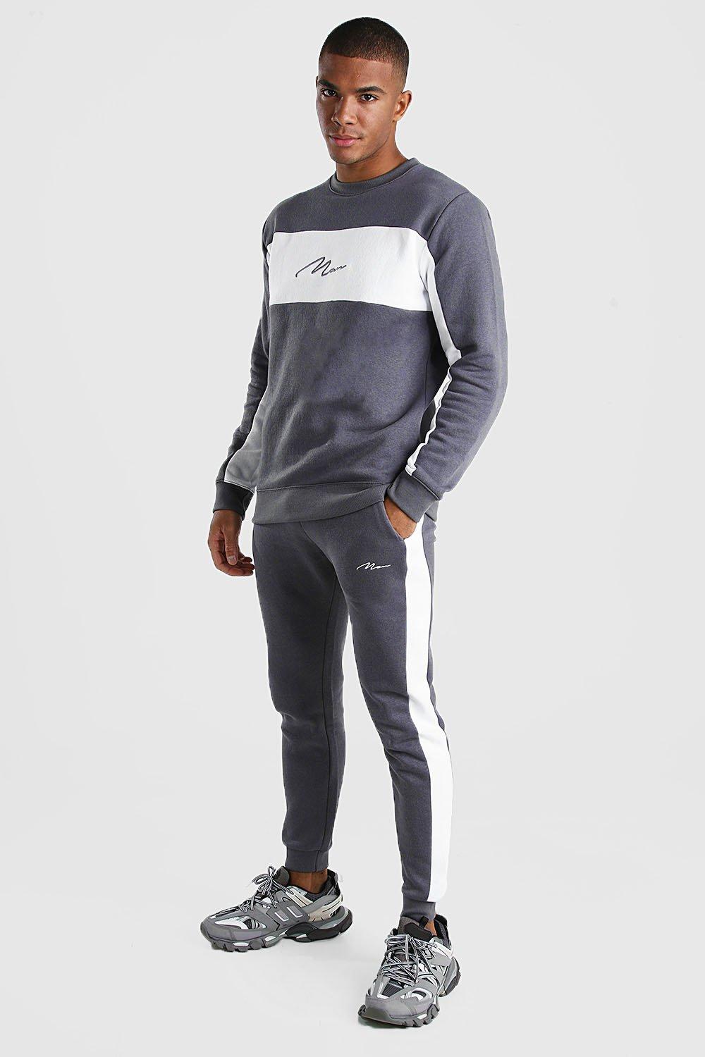 MAN Signature Colour Block Sweater Tracksuit | boohooMAN ...