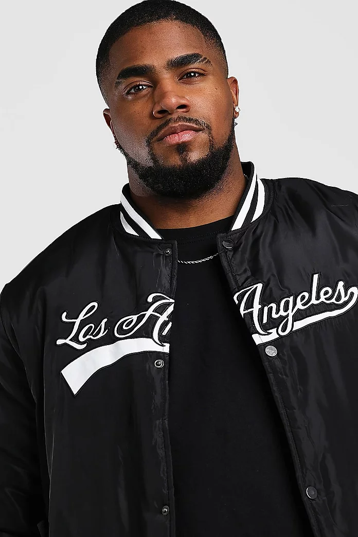 Plus Size Padded Los Angeles Bomber Jacket | boohooMAN UK Plus Size Padded Los Angeles Bomber Jacket | boohooMAN UK