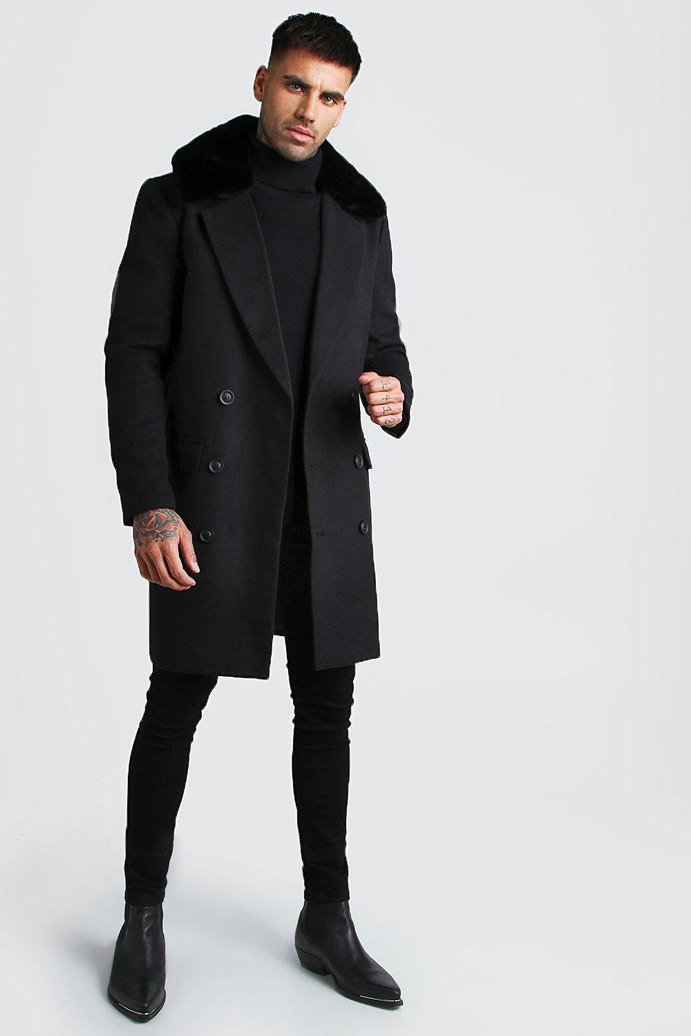 Double Breasted Faux Fur Overcoat | boohooMAN UK