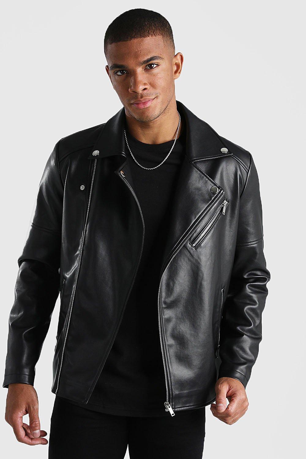 Black Faux Leather Graffiti Print Biker Jacket | boohooMAN USA