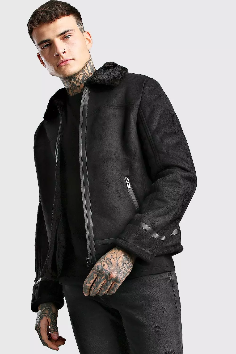 Black faux suede aviator jacket online