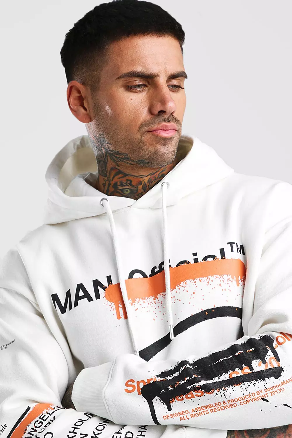 Boohooman hoodie with man print in white online