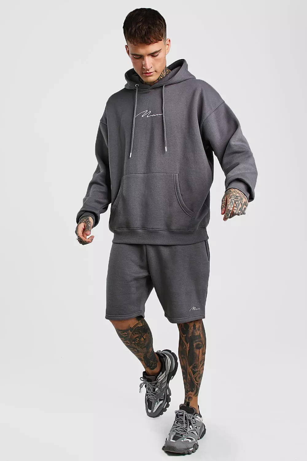 MAN Signature Oversized Hoodie And Short Set boohooMAN