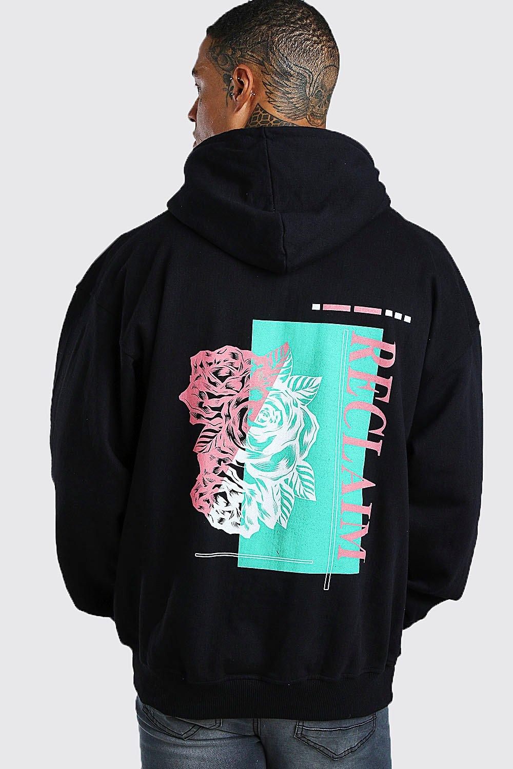 Oversized Rose Back Print Hoodie - boohooMAN