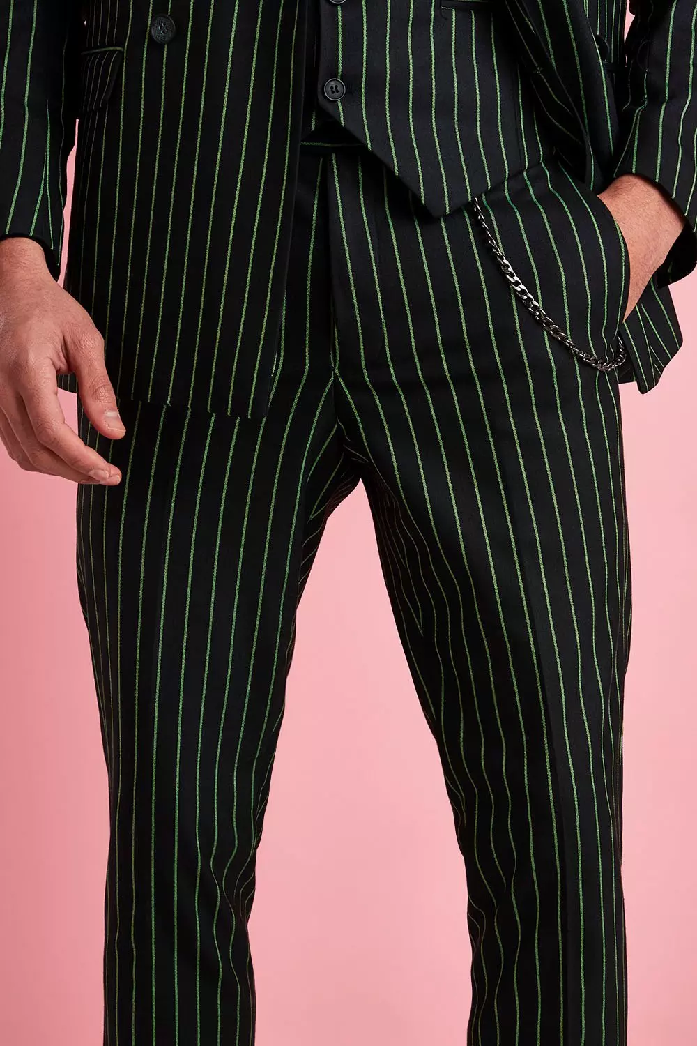 Pinstripe pants with chain outlet