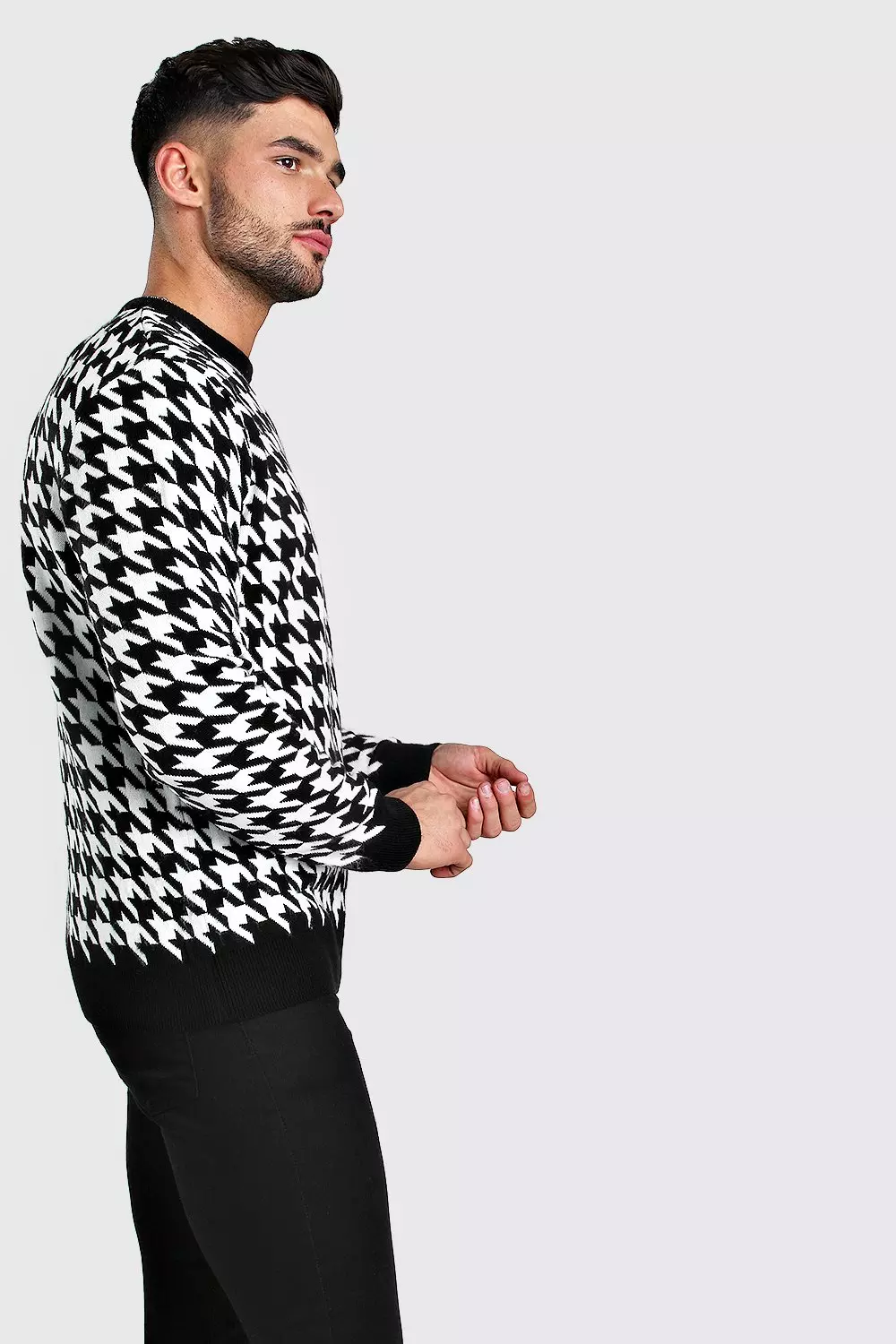 Houndstooth Crew Neck Sweater | boohooMAN USA