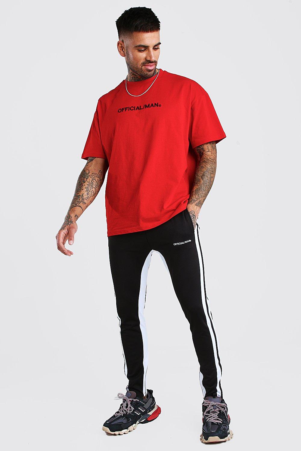 boohooman red joggers