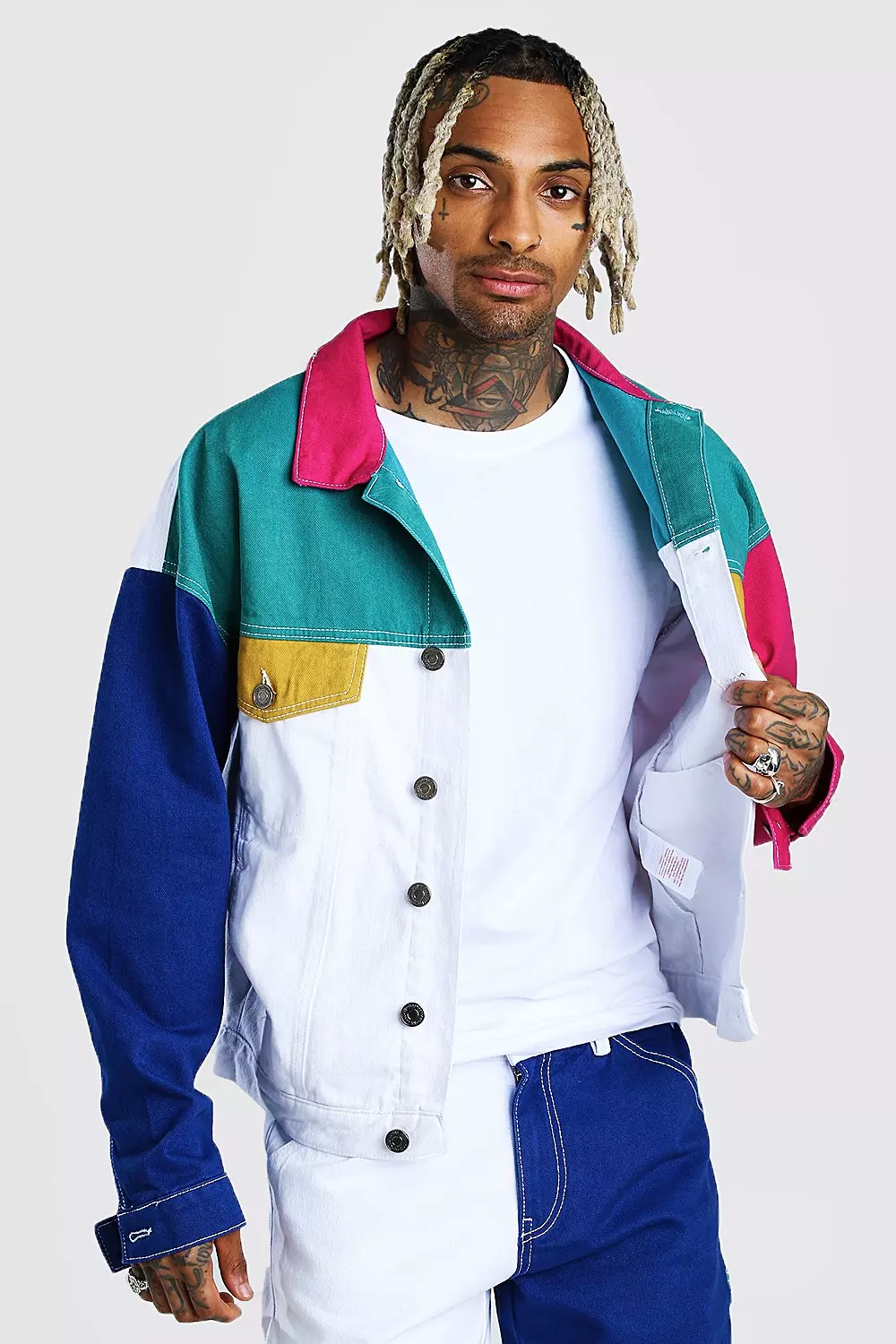 Colour Block Denim Jacket With Back Embroidery boohooMAN USA