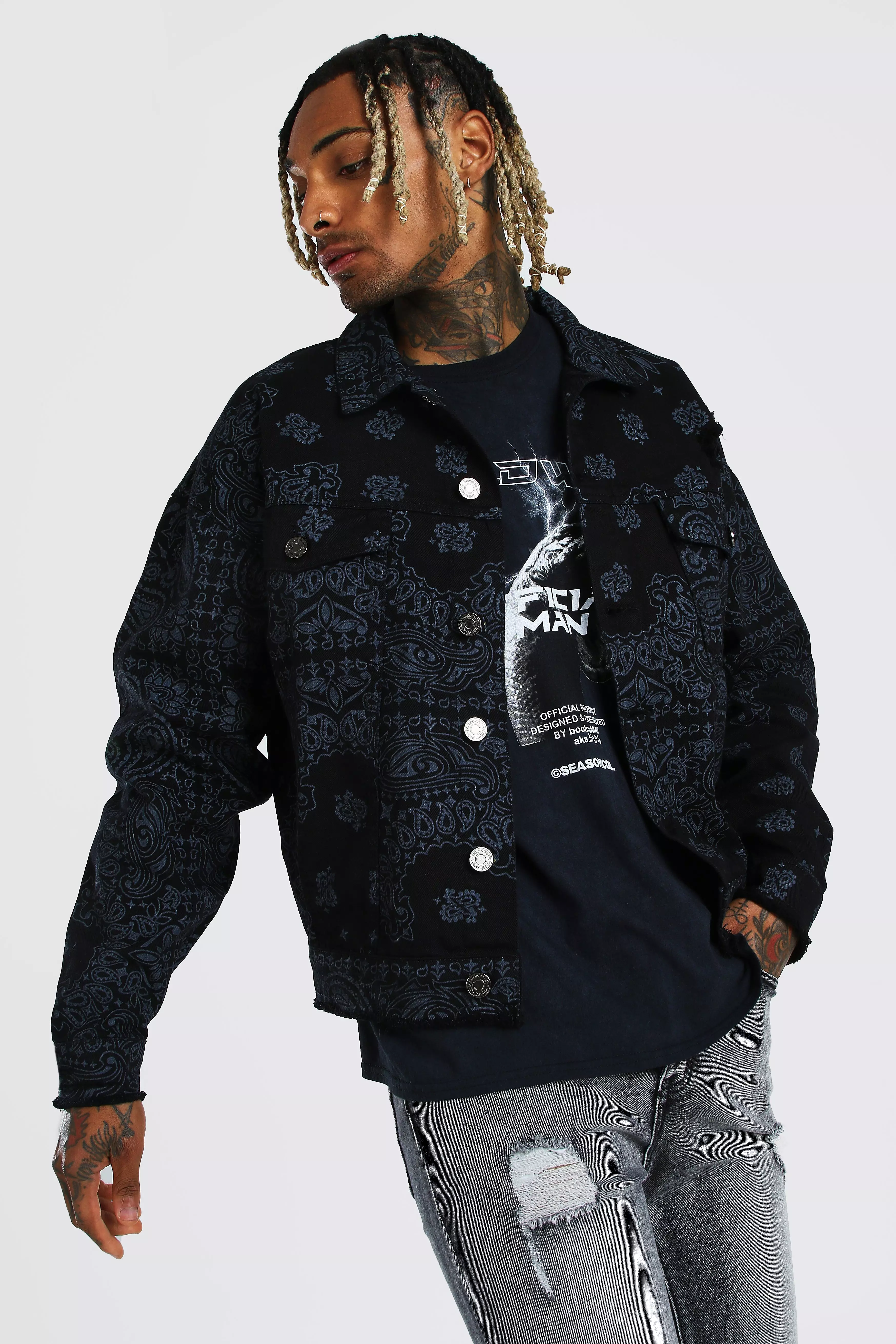 Bandana Print Denim Jacket boohooMAN UK