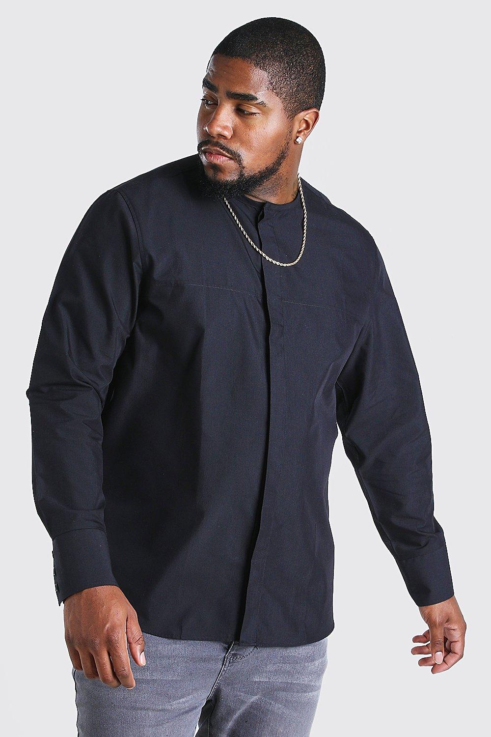 Plus Size Long Sleeve Collarless Shirt | boohooMAN USA