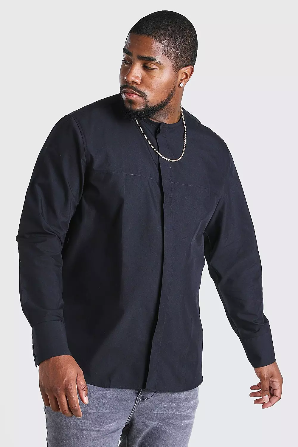 Black collarless shirt best sale