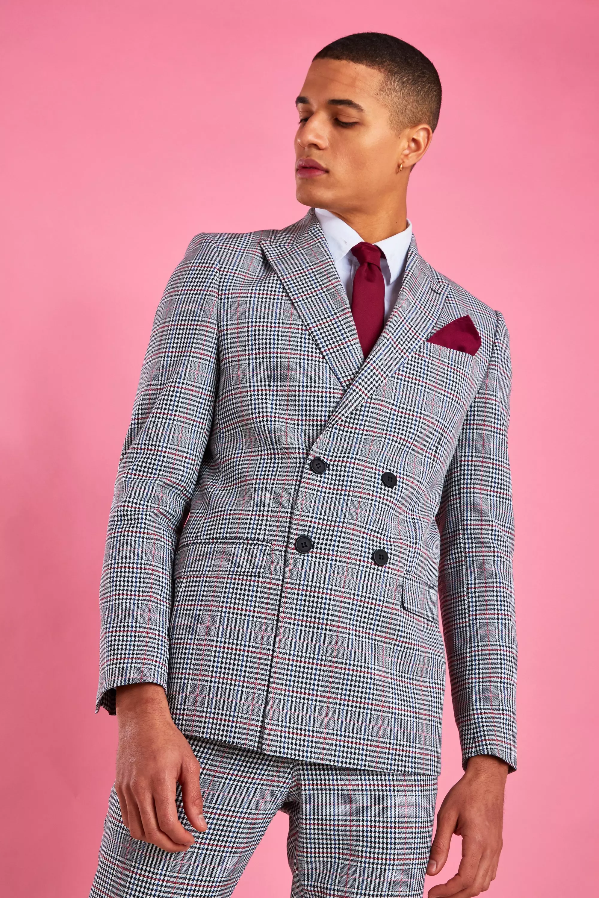 Skinny Double Breasted Dogtooth Check Blazer boohooMAN USA