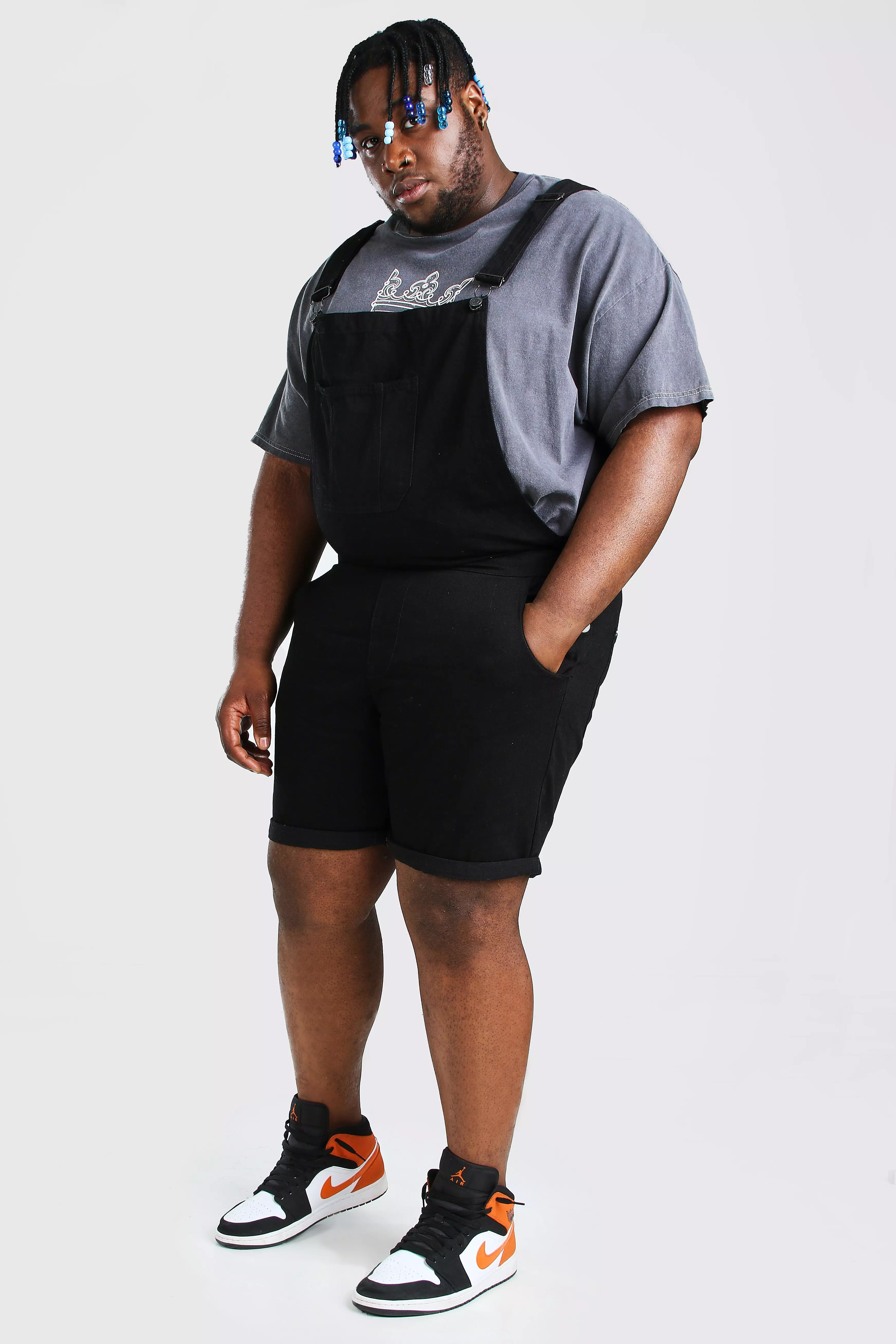 Plus Size Short Denim Overalls boohooMAN USA