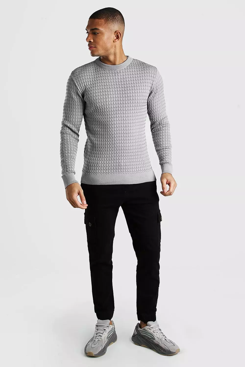Long Sleeve Muscle Fit Cable Knit Smart Jumper alternative image