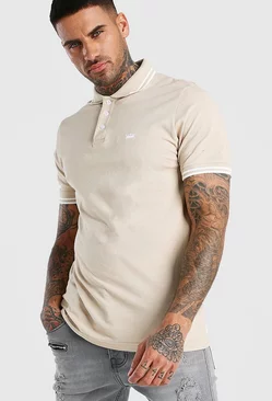 Crown Embroidered Tipped Pique Polo Taupe
