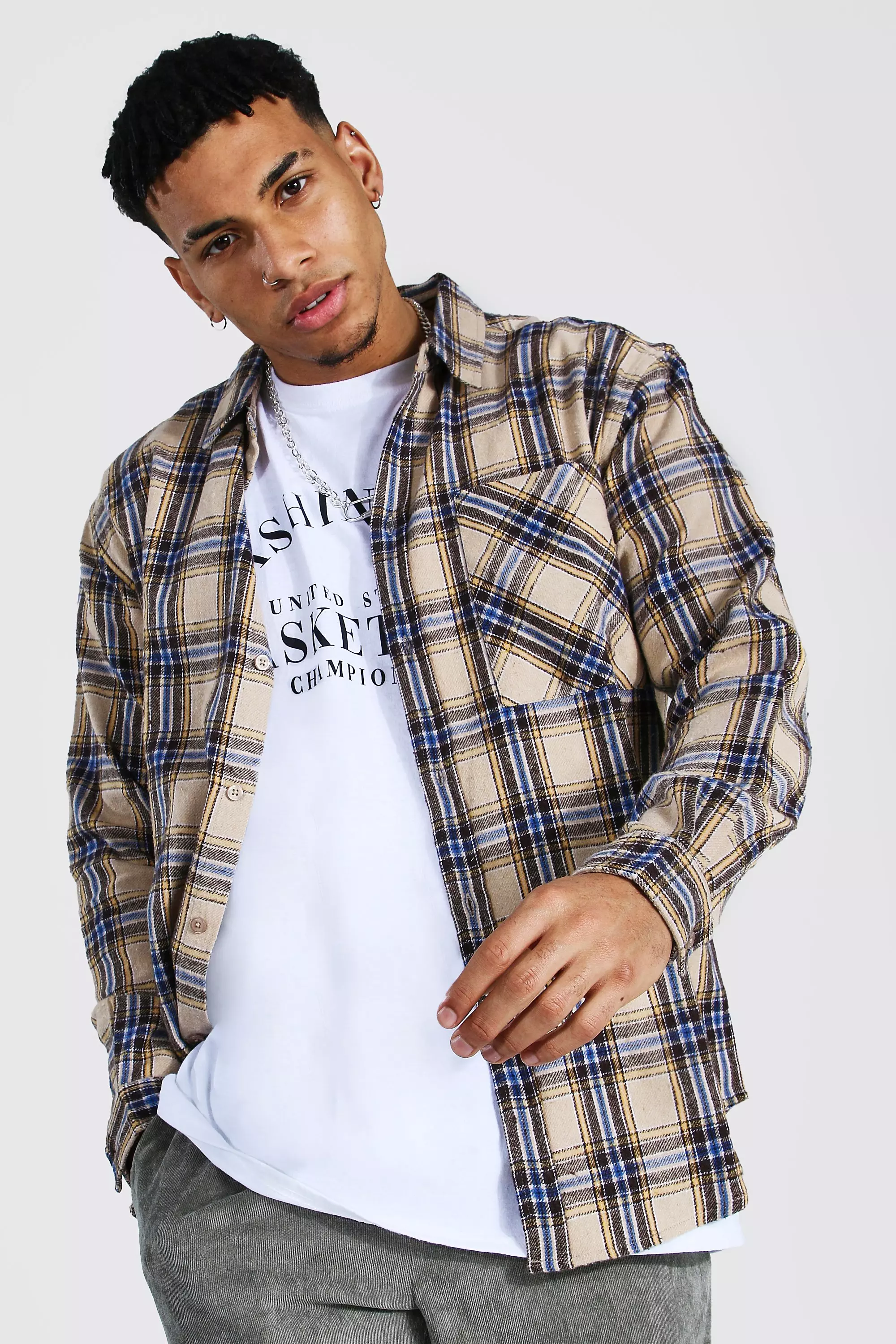 boohooMAN Long Sleeve Longline Flannel Shirt - Green - Size XS