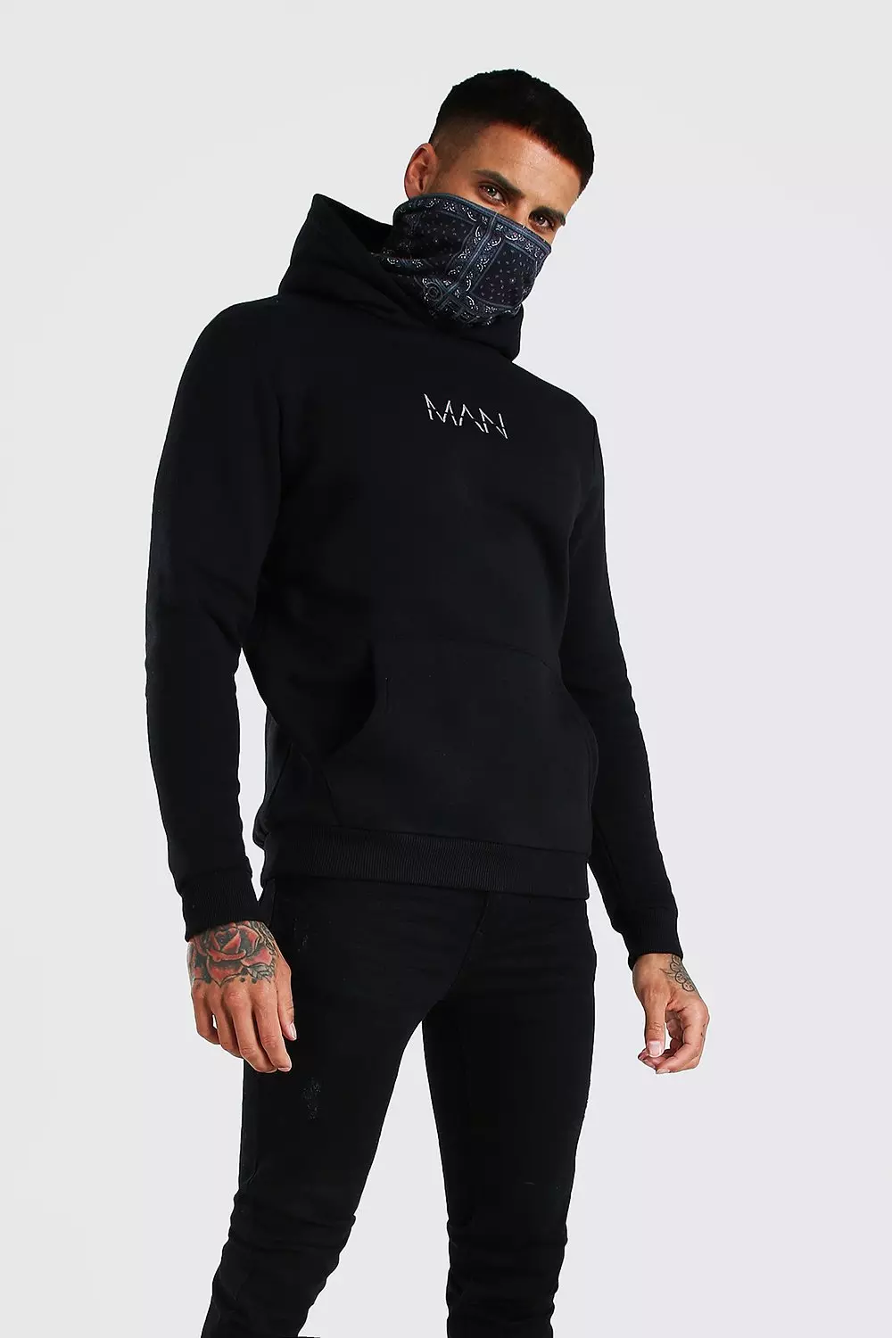 Boohooman hoodie with snood sale