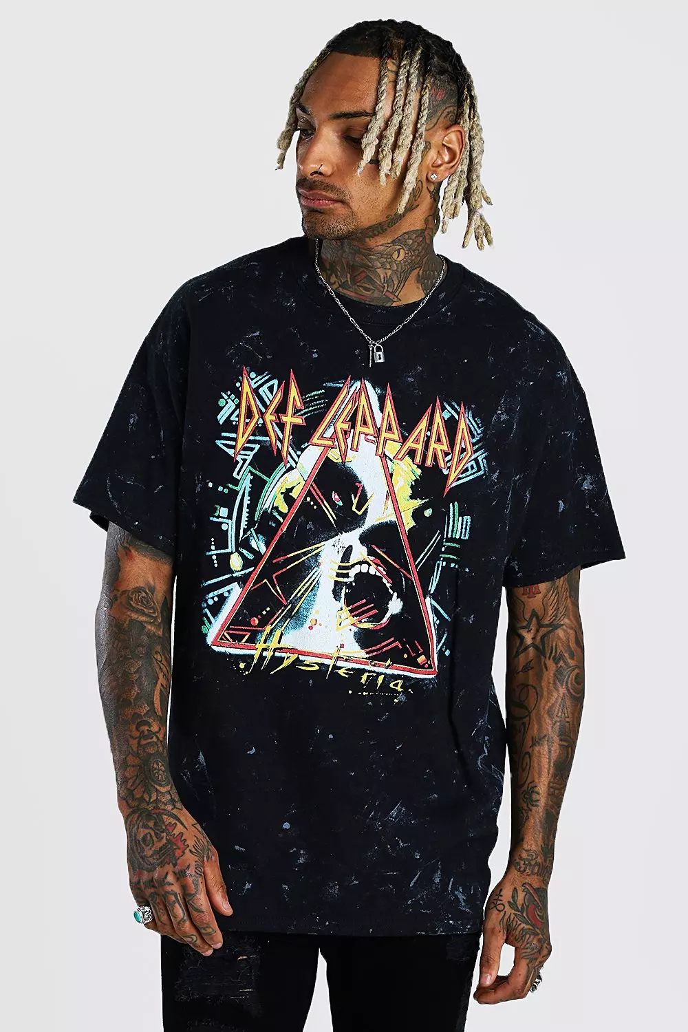 Charcoal Oversized Def Leppard Acid Wash T-Shirt alternative image