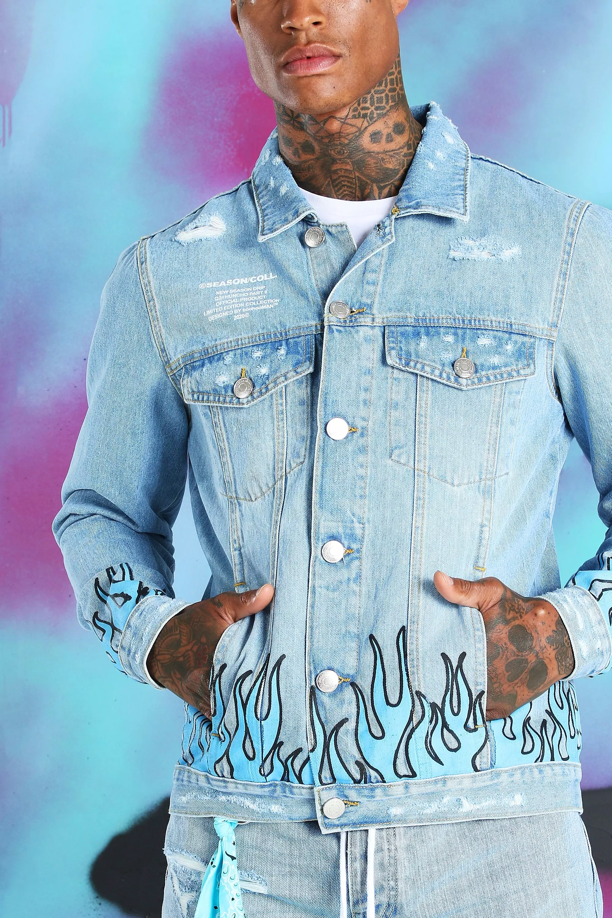 Niepce Inc Streetwear Hip Hop Skeleton Denim Jean Jacket for