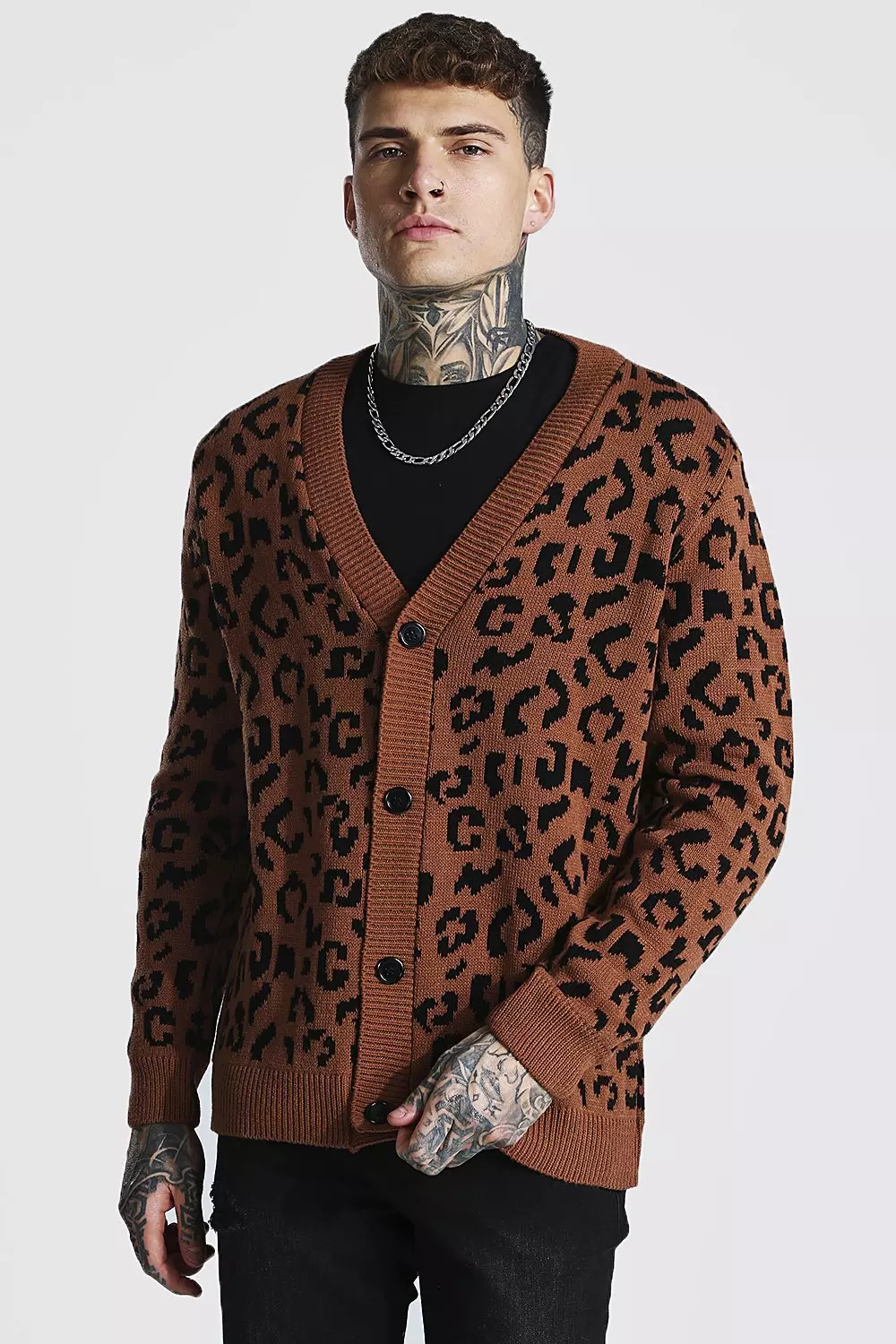 Leopard Oversized Knitted Cardigan boohooMAN UK