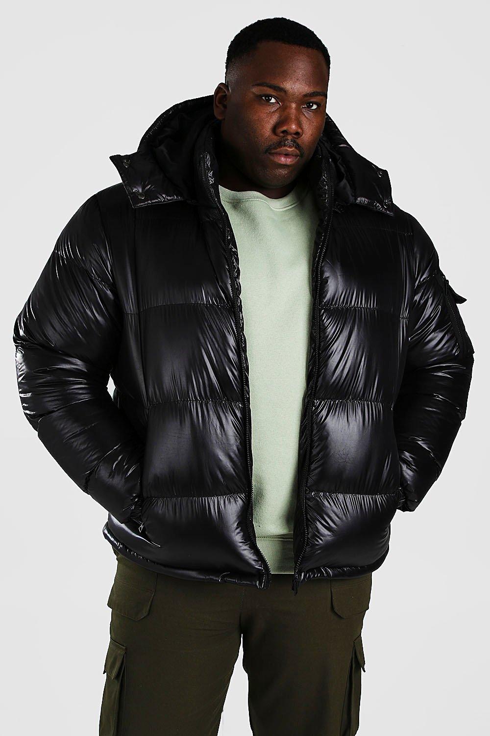 Black Shiny Puffer Jacket Mens with Hood - 4XL