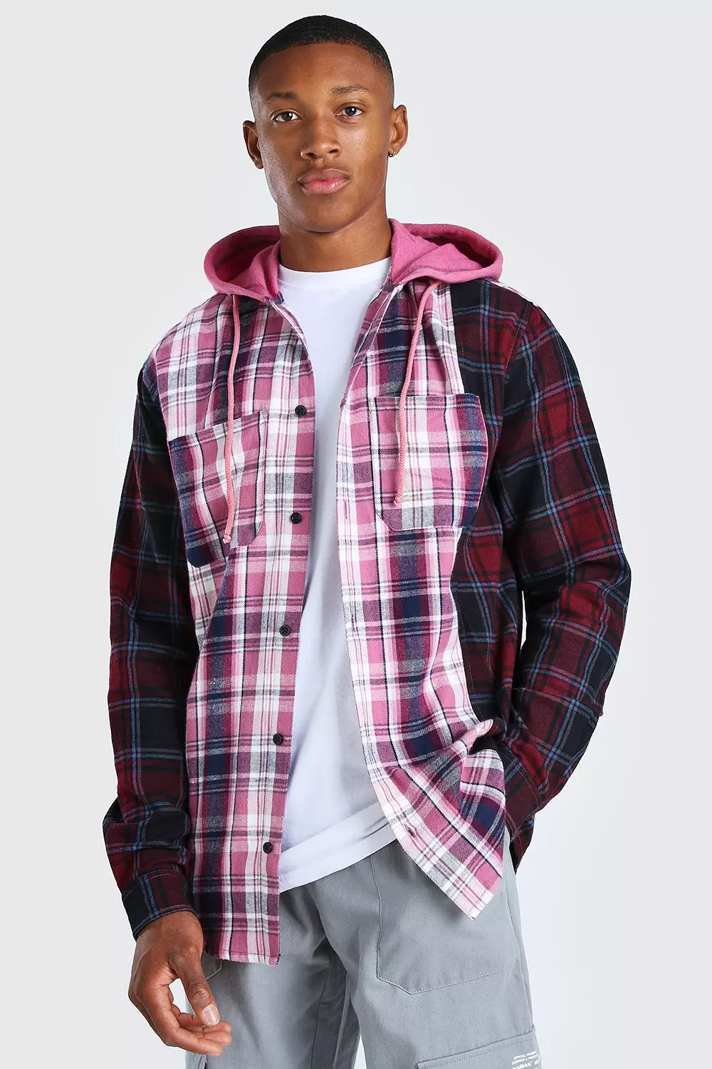 【BAON】[unisex] Temin Peach Fuzz Check Hood Over Shirt mzz25779_pink_xl?$