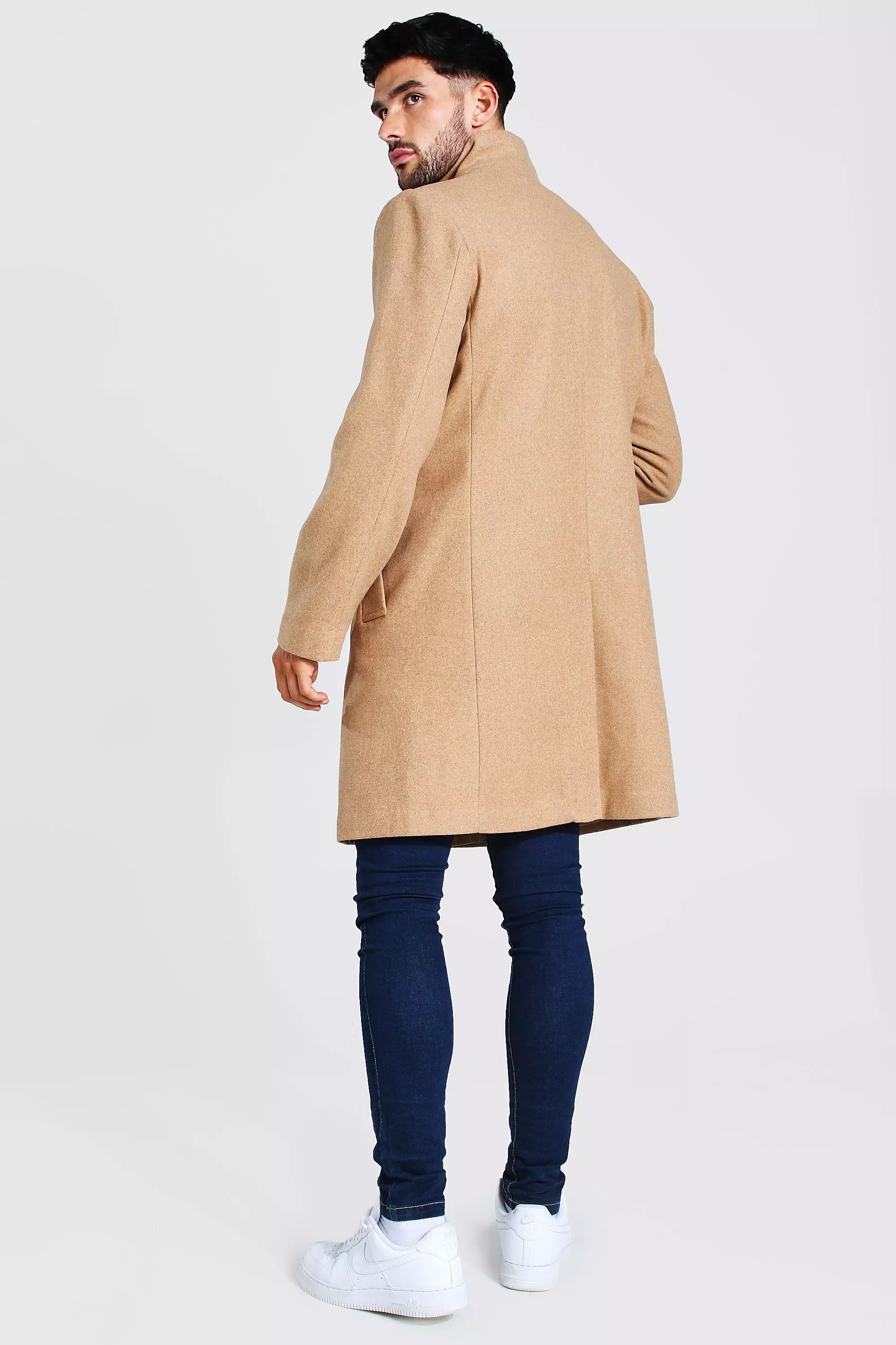 Funnel Neck Wool Look Overcoat boohooMAN UK