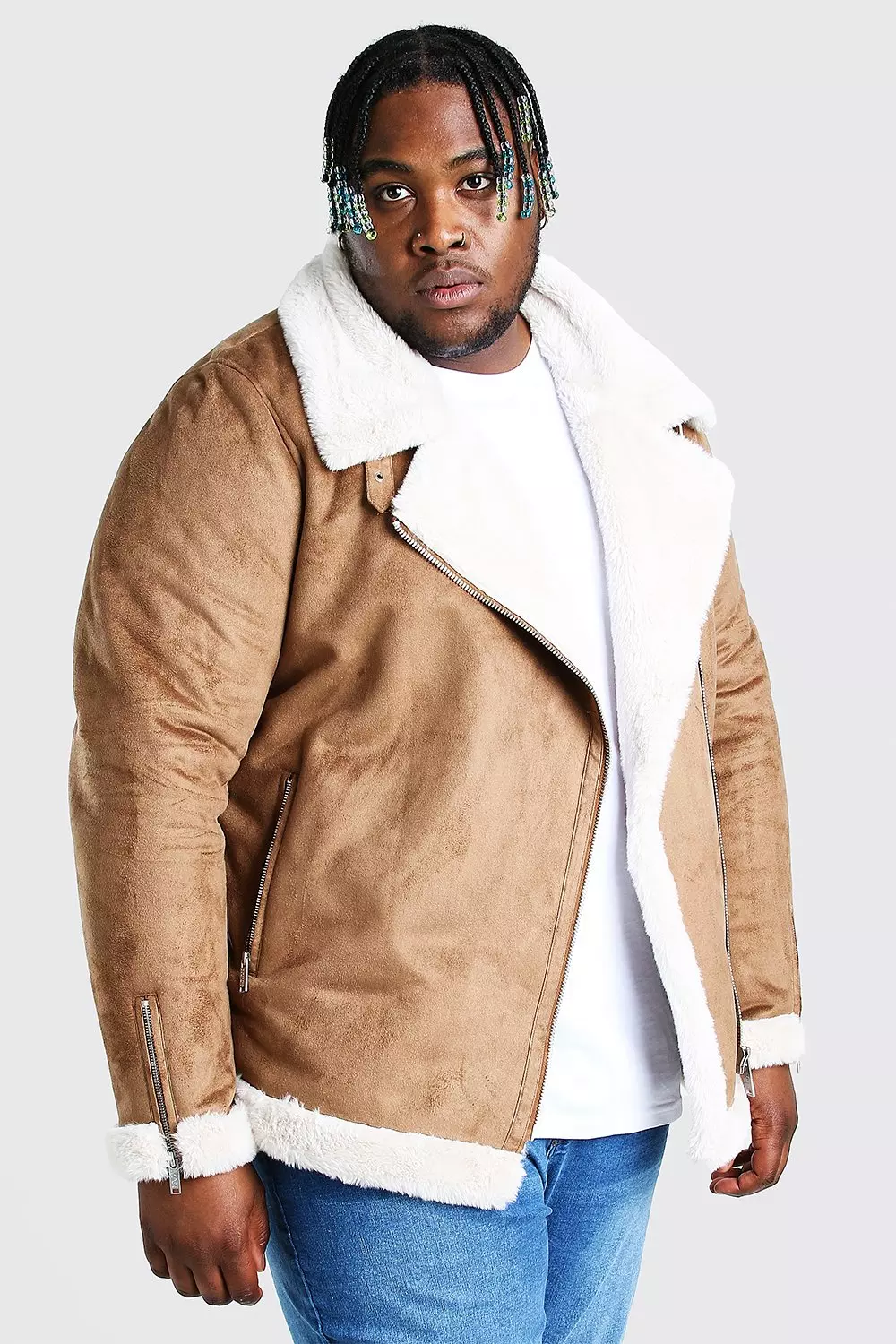 Plus Size Faux Fur Lined Suede Aviator Jacket boohooMAN UK