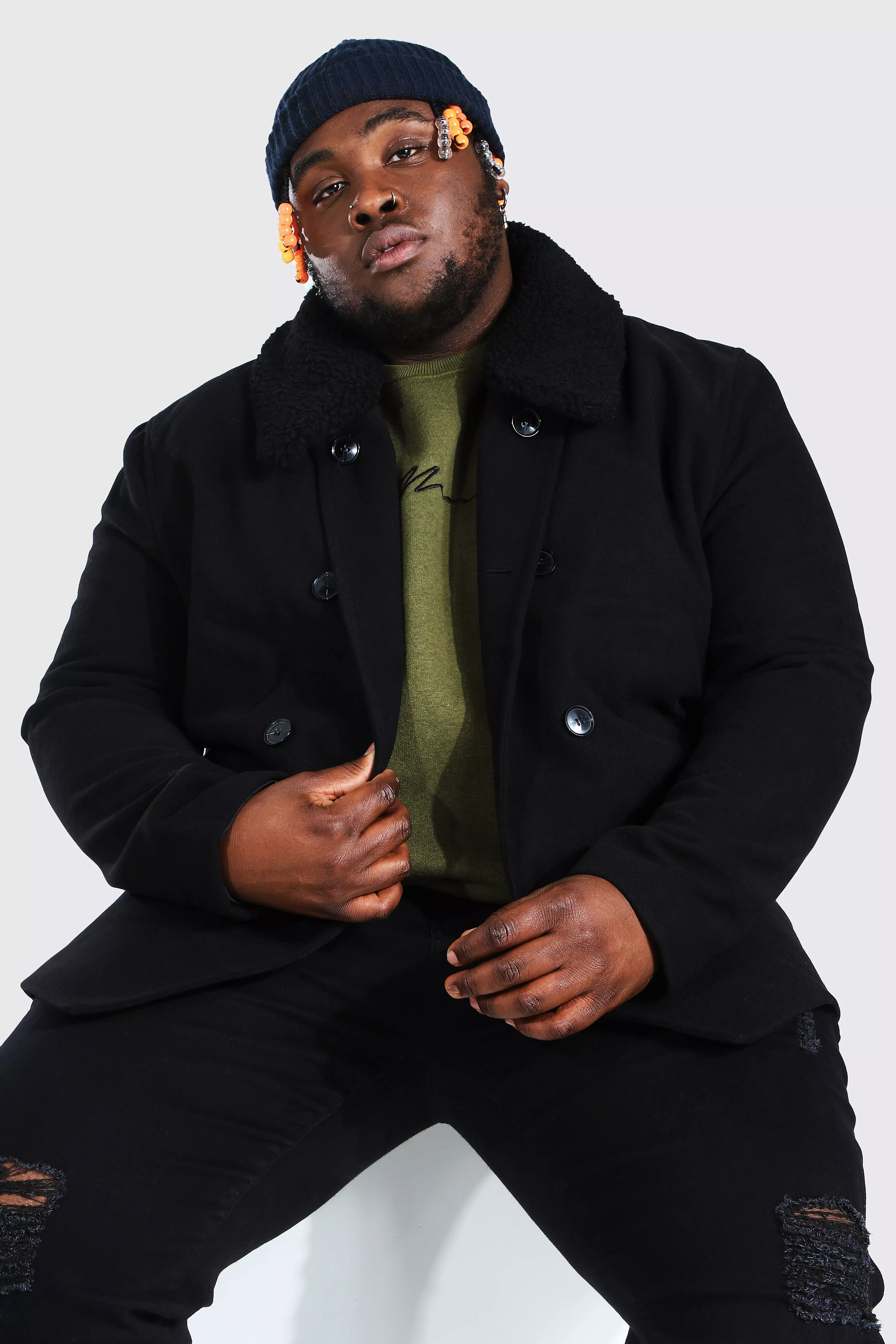 Plus Size Borg Collar Pea Coat boohooMAN IE