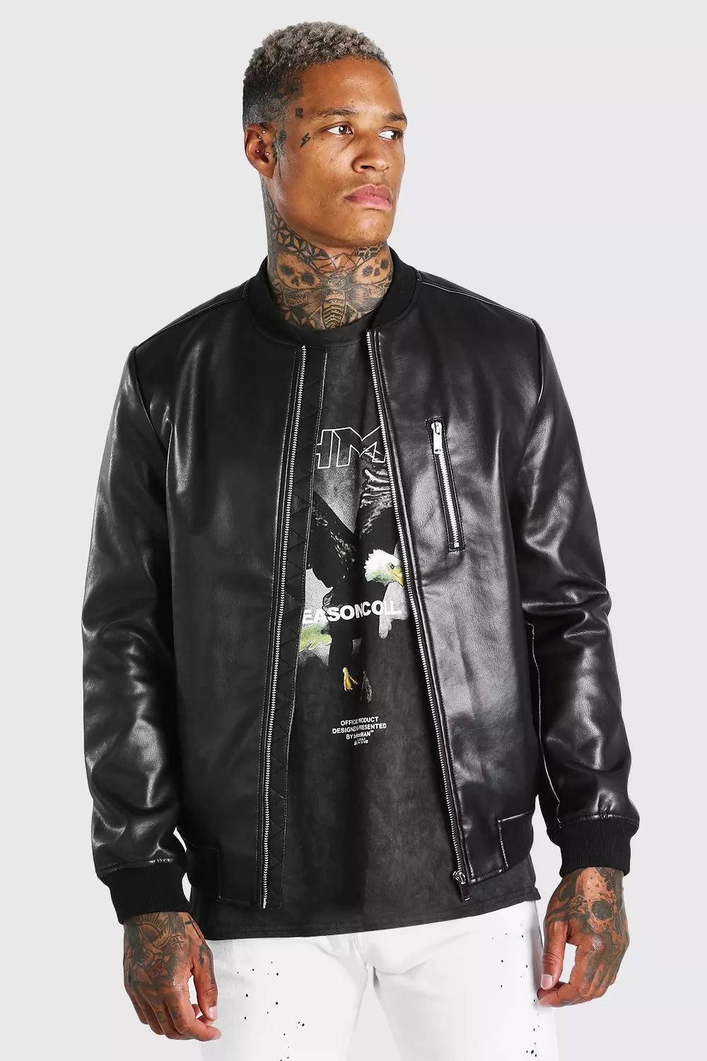 Leather Look Bomber Jacket boohooMAN