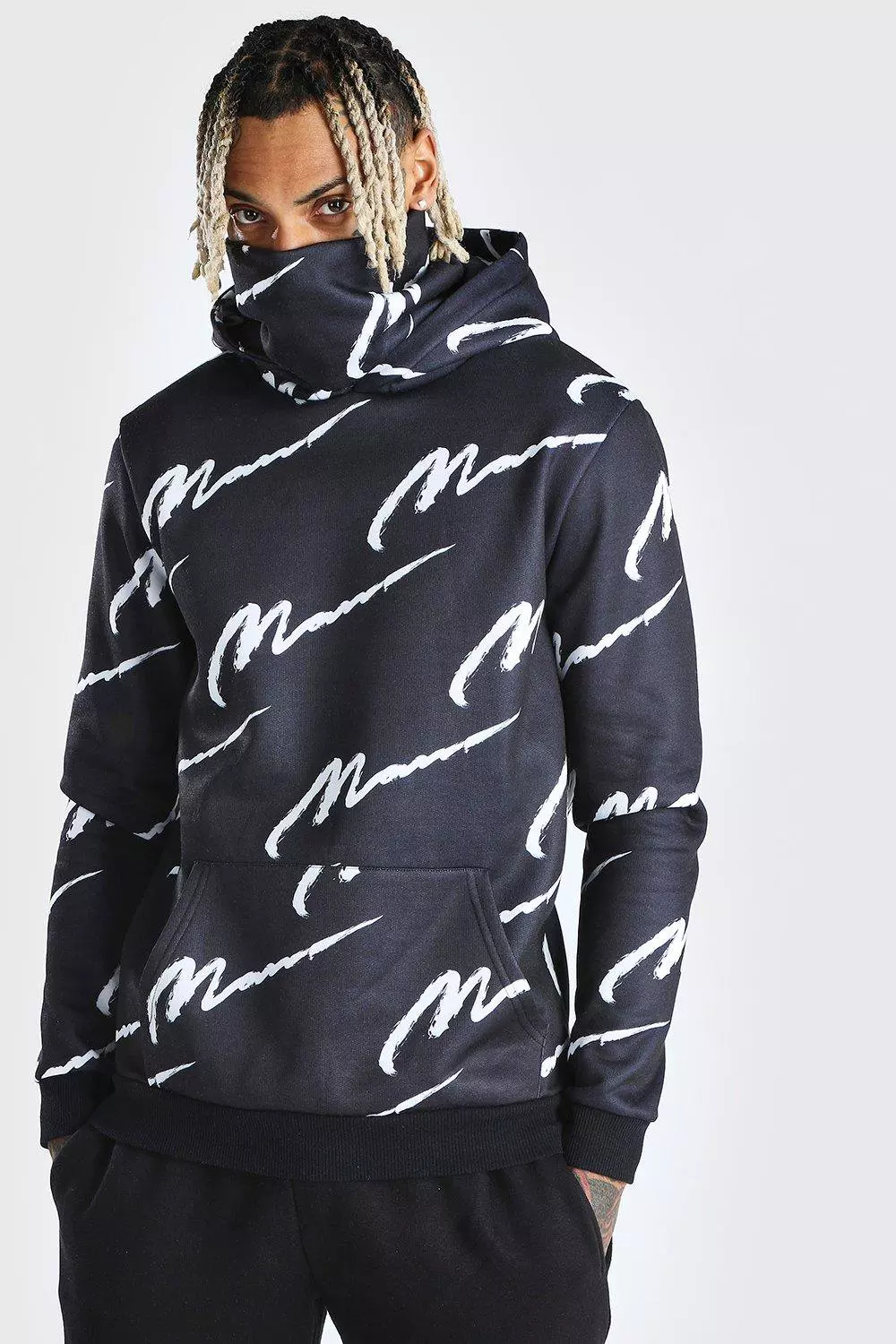 All Over MAN Printed Snood Hoodie boohooMAN