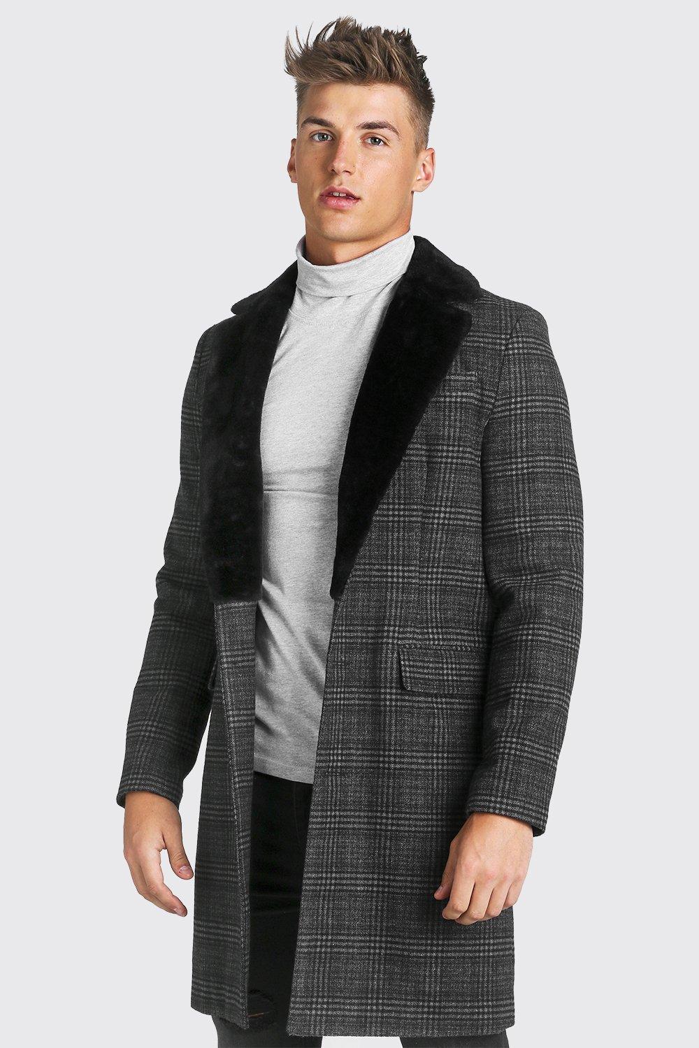 Check Single Breasted Overcoat With Faux Fur Collar | boohooMAN