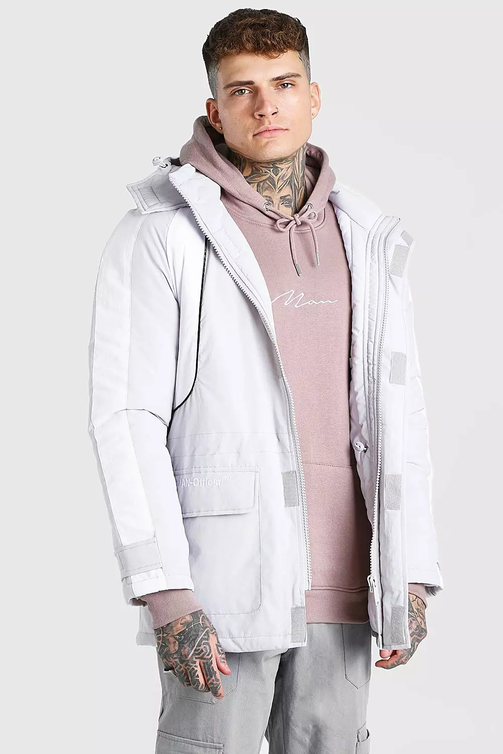 Grey Colour Block Hooded Ski Jacket