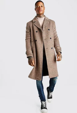 Camel Beige Grid Check Double Breasted Brushed Overcoat