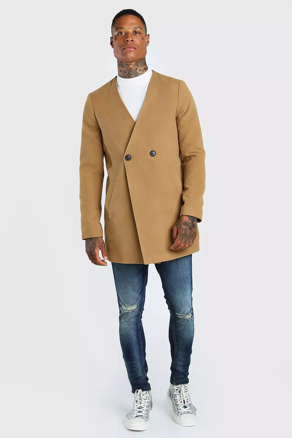 Collarless Smart Double Breasted 2 Button Overcoat boohooMAN USA
