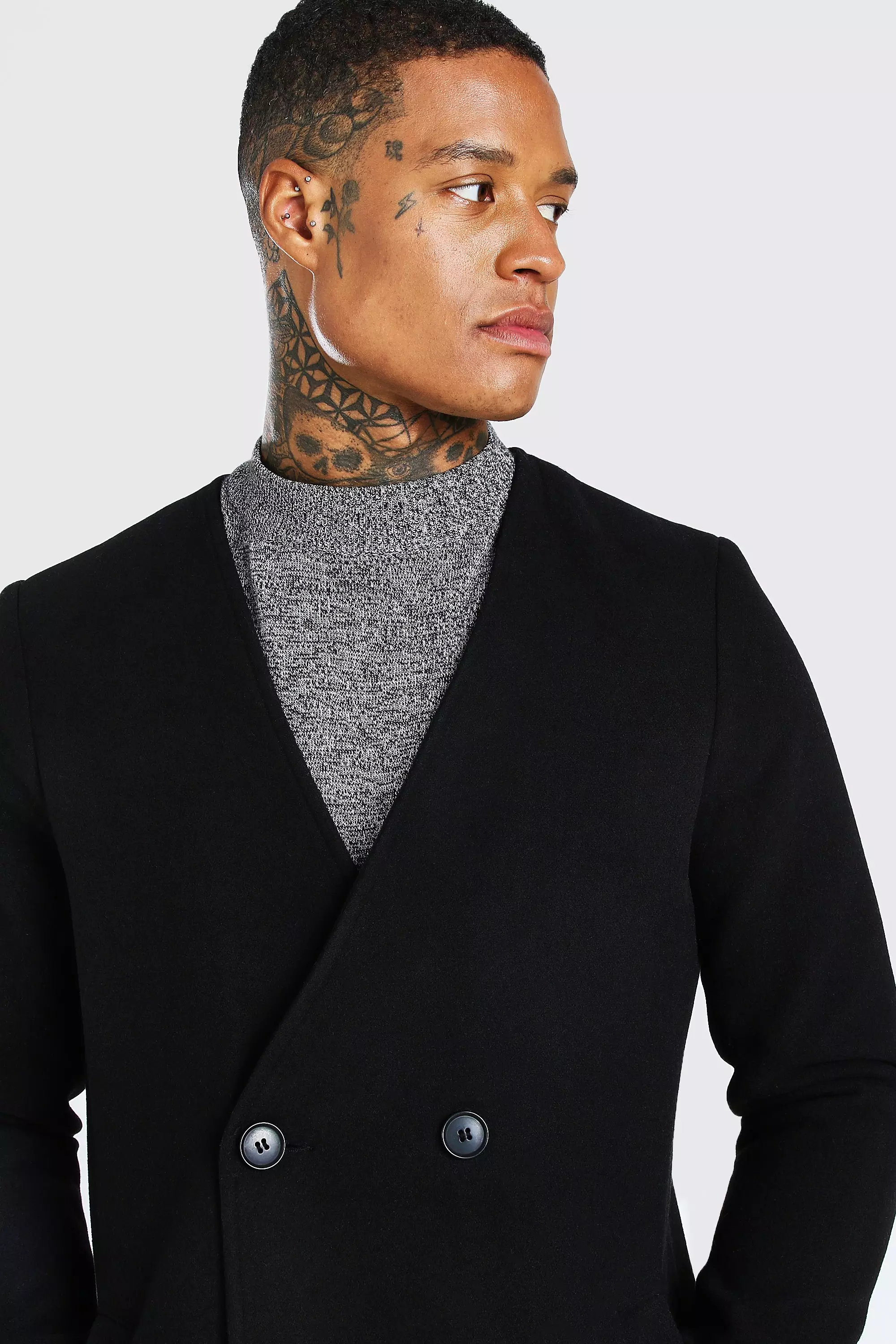 Collarless Smart Double Breasted 2 Button Overcoat boohooMAN IE