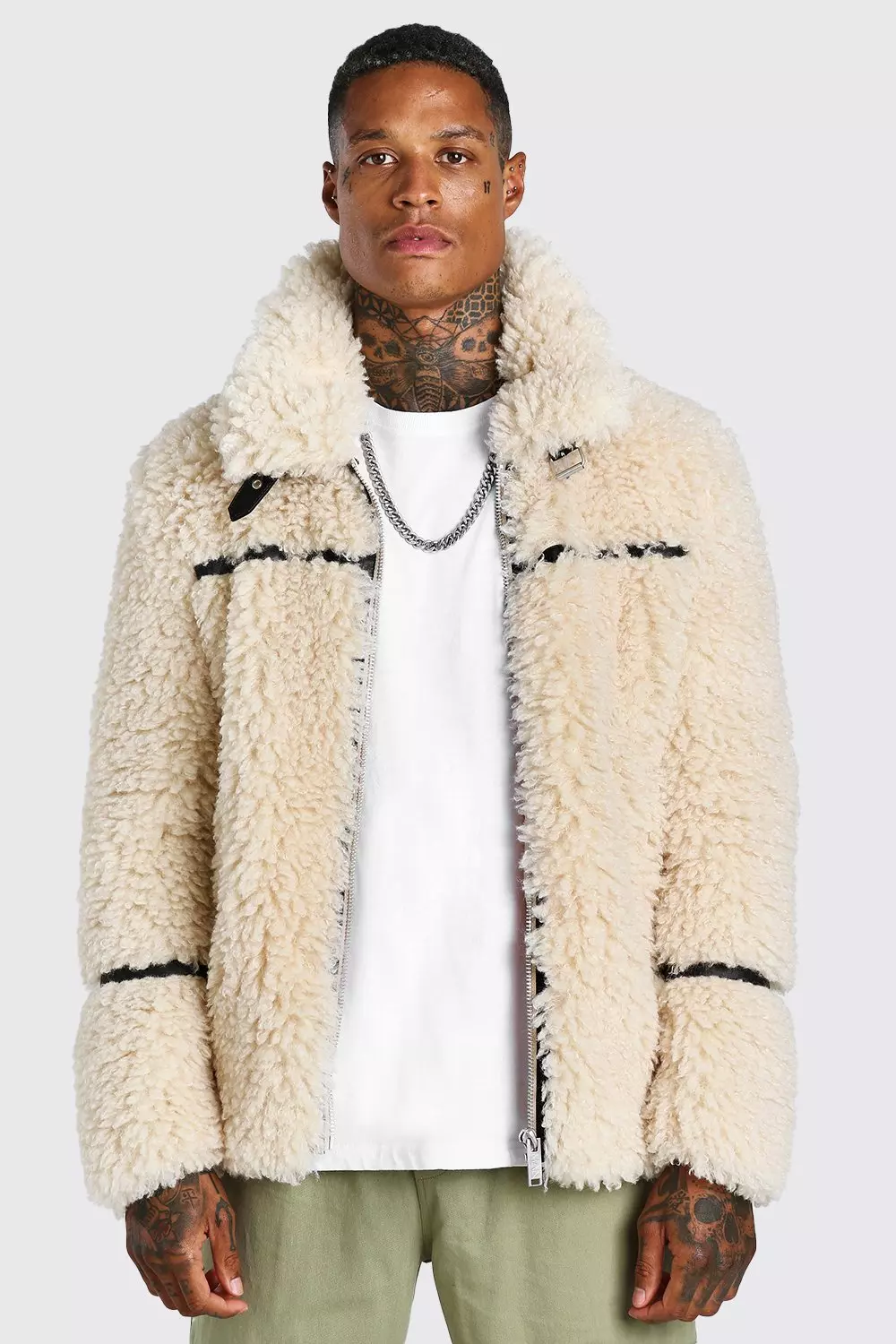 Teddy Faux Fur Aviator With Leather Look Trims boohooMAN