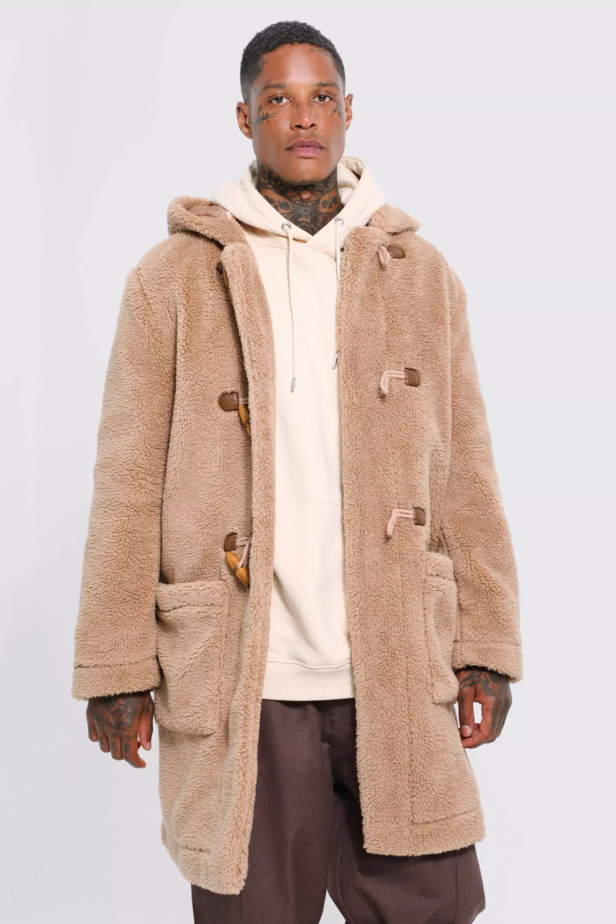 Borg Hooded Duffle Coat Tan