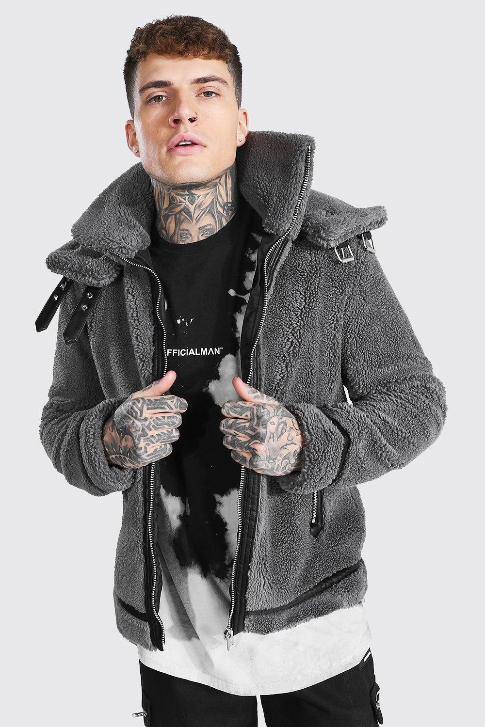 Boohooman aviator jacket with faux fur on sale lining in black